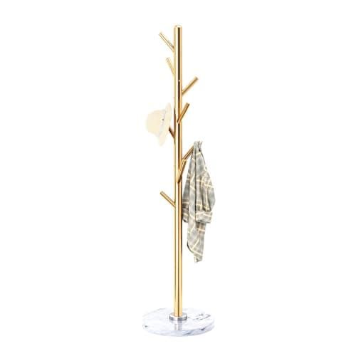 Golden Solid Stainless Steel Coat Rack with 8 Hooks and Natural Marble Base