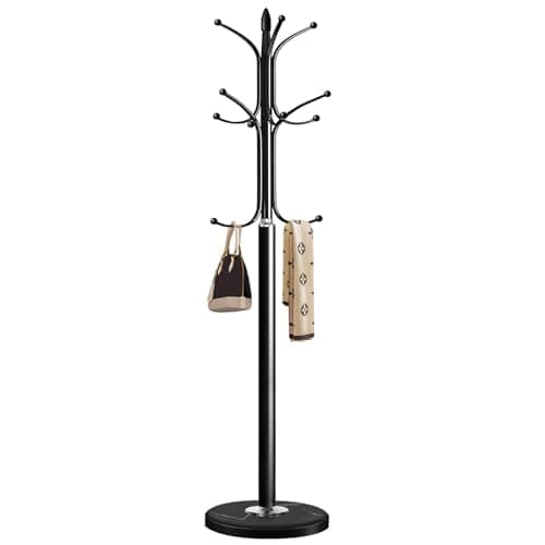 Black Freestanding Metal Coat Rack with 12 Hooks and Natural Marble Base