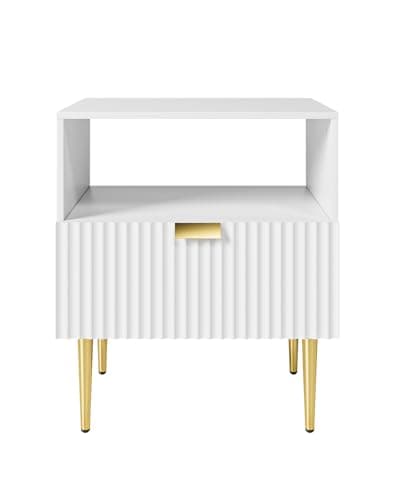 Mid Century Modern Gold Frame Nightstand with Drawer & Shelf, White Bedrooms & Living Room Dresser