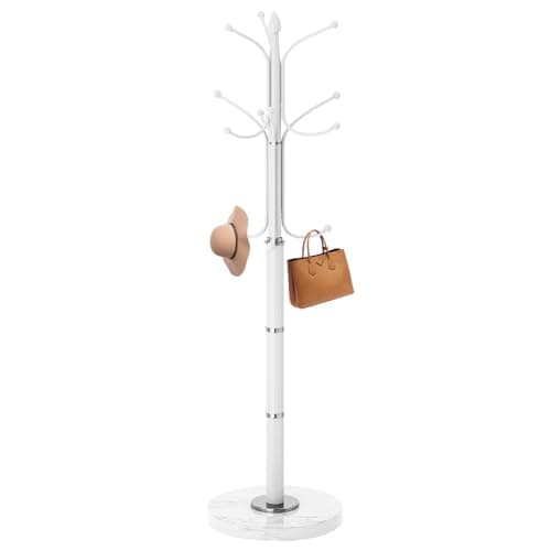 Sturdy Modern Metal Coat Rack Stand with 12 Hooks & Natural Marble Base