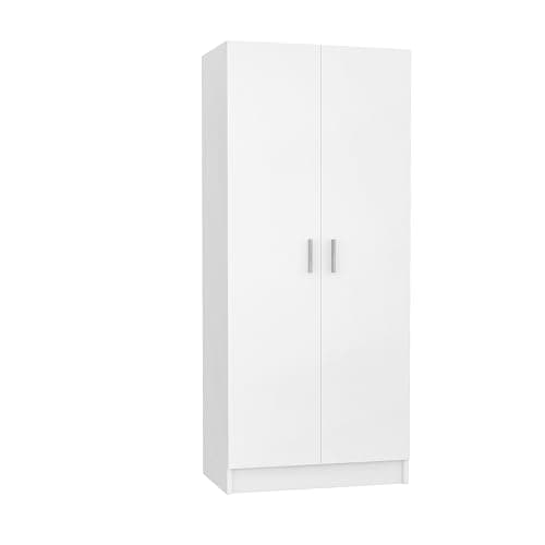 Panana 2 Door Wood Wardrobe with Hanging Rail & Shelves, White Bedroom Armoire
