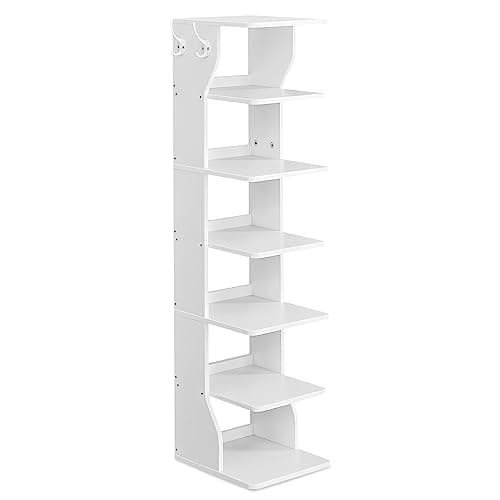 VASAGLE Narrow 7-Tier Shoe Rack with Hooks, Slim Corner Storage, Black ULBS200T16
