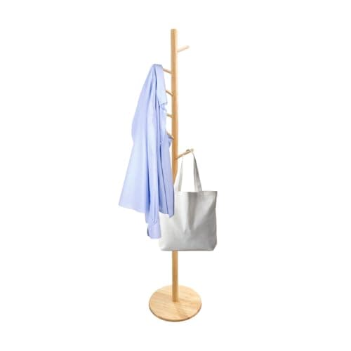 Solid Wood Coat Rack with 8 Hooks, 3 Height Adjustments, Natural Finish (Perchero)