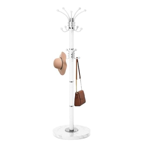 Sturdy Modern Metal Coat Rack Stand with 12 Hooks & Natural Marble Base