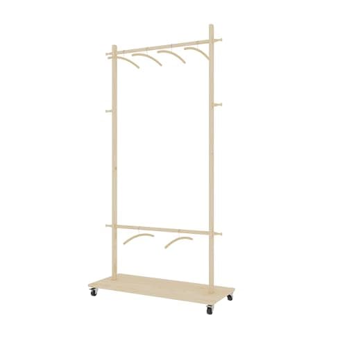 Freestanding Wood Coat Rack with 2 Stems and Pulley, for Hanging Coats and Clothes