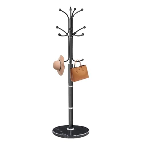 Sturdy Modern Metal Coat Rack Stand with 12 Hooks & Natural Marble Base