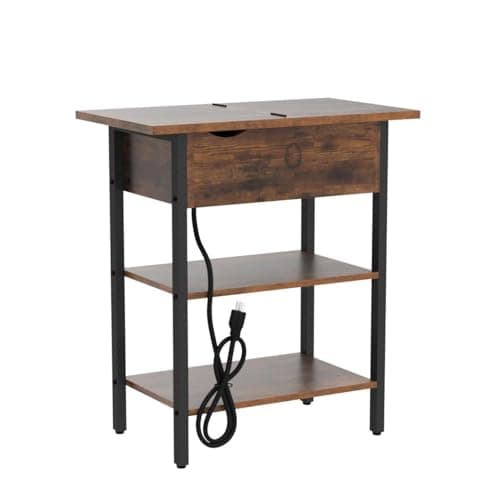 HOOBRO Flip Top Nightstand with Charging Station, Rustic Brown BF341BZP