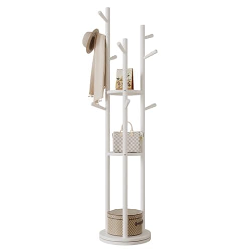 Walnut Solid Wood Coat Rack with 3 Shelves & 9 Hooks for Bedroom, Entryway & Livingroom