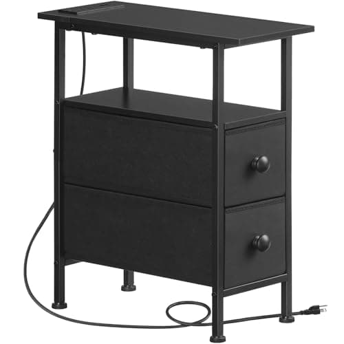 HOOBRO Adjustable End Table with Charging Station, Rustic Brown & Black, BF486UBZP201