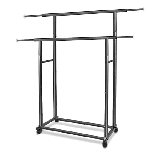 Black Simple Double Rod Clothing Rack with Lockable Wheels for Hanging and Rolling Clothes