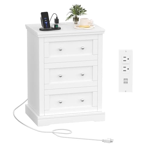 Rovaurx Large White Farmhouse Nightstand with 3 Drawers and Charging Station
