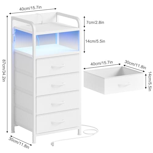 Fixwal Tall Night Stand with Charging Station, LED White Nightstand and 4 Fabric Drawers