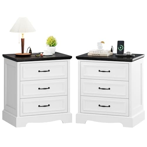 Alohappy Farmhouse Nightstand Set of 2, Wood Nightstand with 3 Drawers and Charging Station