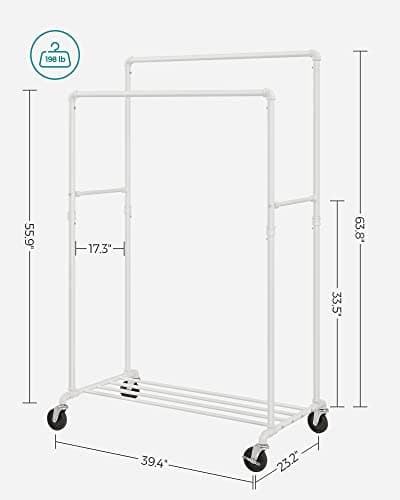 SONGMICS Heavy-Duty Double-Rod Clothes Rack, White with Casters Brakes