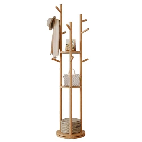 Walnut Solid Wood Coat Rack with 3 Shelves & 9 Hooks for Bedroom, Entryway & Livingroom