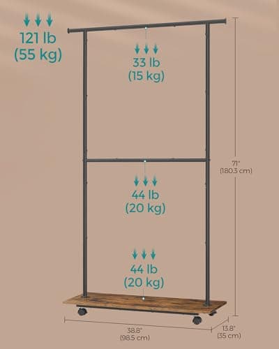 SONGMICS Adjustable Clothing Rack with Shelf, Hanging Rod Up to 121 lbs, Rustic Brown and Ink Black