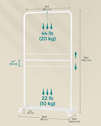 SONGMICS Rolling Double-Rod Clothes Rack, 110 lb Capacity, White