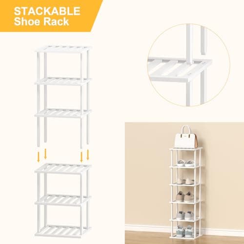 Slim White Bamboo 6-Tier Shoe Rack for Small Spaces Closet Storage