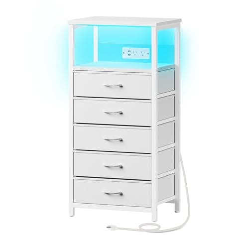 White Nightstand with 5 Fabric Drawers & Charging Station