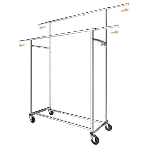Trending Double Rod Clothing Rack with 4 Hooks & Wheels, Chrome