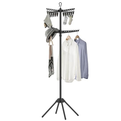 SONGMICS 59-Inch Folding Laundry Rack, 3 Rotatable Arms, Stainless Steel, Blue Silver, for 27 Clothes ULLR510Q01