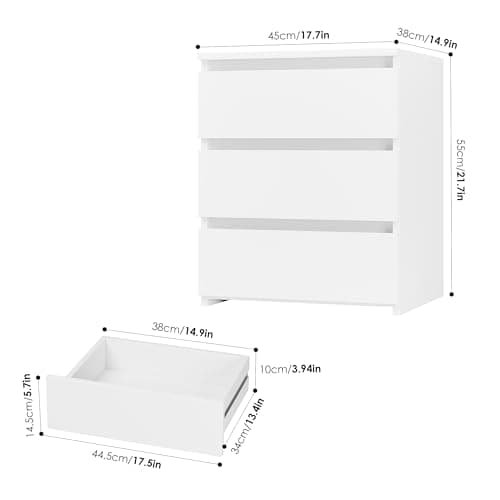 Fotosok White 3-Drawer Nightstand with Cut-Out Handle