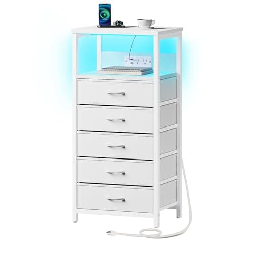 White Nightstand with 5 Fabric Drawers & Charging Station