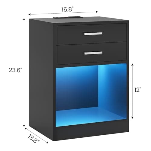 ADORNEVE Black Nightstands Set of 2 with Charging and LED Lights