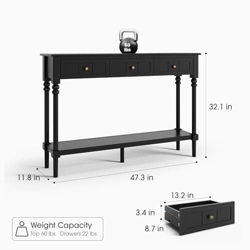 47" Entryway Table with Drawers & Shelf, Black Wood Console