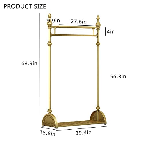 Industrial Gold Clothing Rack with Double Shelves, Heavy Duty Metal Coat Organizer