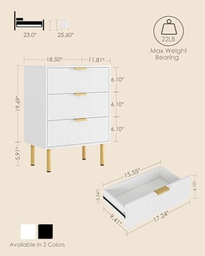 Modern White Nightstand with 3 Drawers & Gold Frame