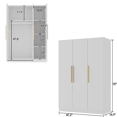 AIEGLE 3-Door Wood Wardrobe Armoire, Large Standing Closet with Shelves & Rod, White (70" H)