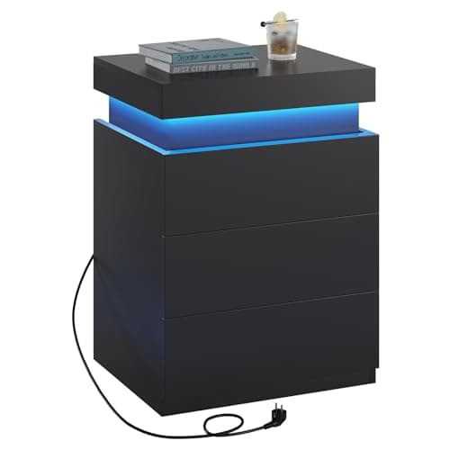 Modern Black Nightstand Set with Charging Station & Drawers