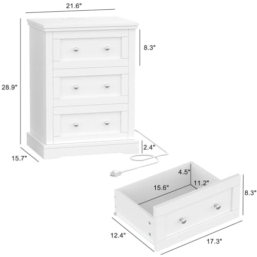 Rovaurx Large White Farmhouse Nightstand with 3 Drawers and Charging Station
