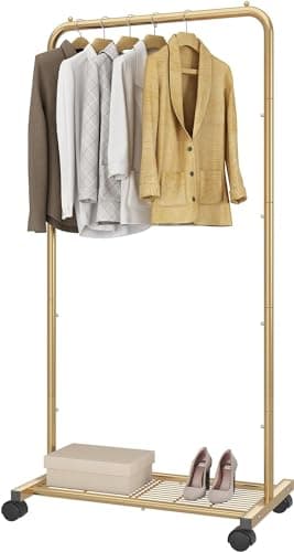 Golden Yellow Clothing Rolling Rack with Mesh Storageshelf