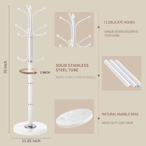 Sturdy Modern Metal Coat Rack Stand with 12 Hooks & Natural Marble Base