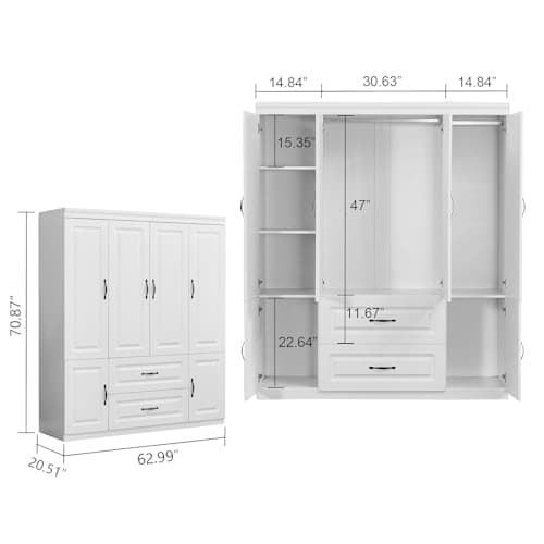 White Large Wood Armoire Wardrobe with 4 Doors 2 Drawers Shelves Hanging Rails
