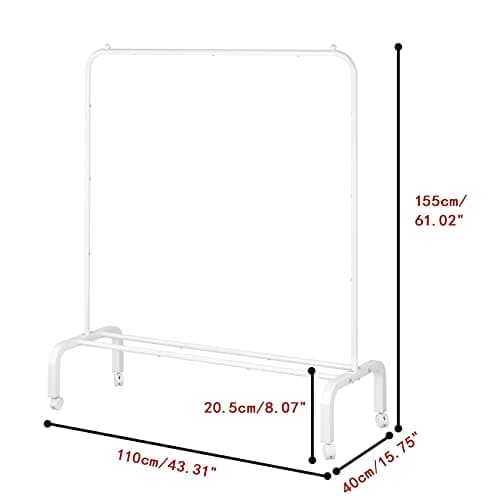 White Metal Rolling Clothes Rack with Bottom Shelf