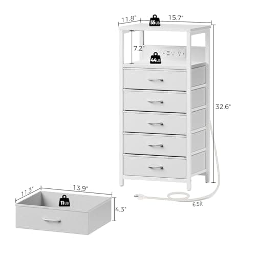 White Nightstand with 5 Fabric Drawers & Charging Station
