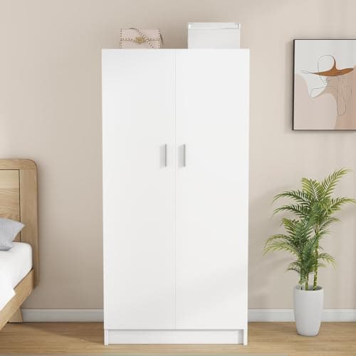 Panana 2 Door Wood Wardrobe with Hanging Rail & Shelves, White Bedroom Armoire