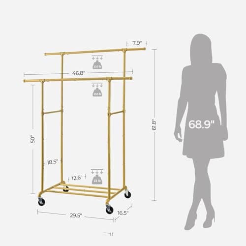 Heavy Duty Rolling Clothes Rack, Gold, Max 400Lbs, Double Rod Organizer