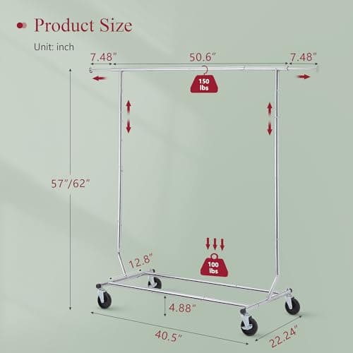 Tajsoon Heavy Duty Folding Clothing Rack with Wheels & Extendable Rod, Max 250lbs Capacity, Chrome