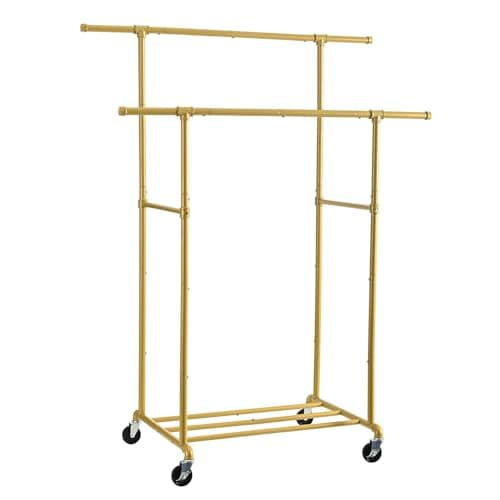 Heavy Duty Rolling Clothes Rack, Gold, Max 400Lbs, Double Rod Organizer