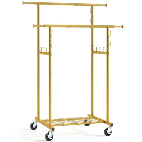 Gewudraw Heavy-Duty Rolling Clothes Rack with Wheels and Shelves - 64.2 inch Black Metal Garment Rack