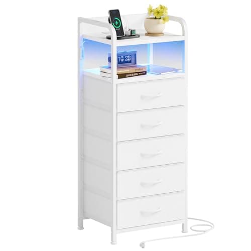 Fixwal Tall Night Stand with Charging Station, LED White Nightstand and 4 Fabric Drawers