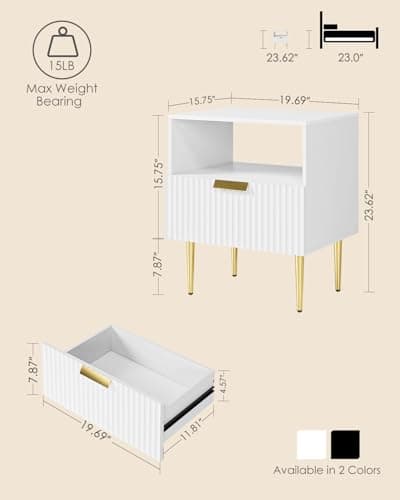 Mid Century Modern Gold Frame Nightstand with Drawer & Shelf, White Bedrooms & Living Room Dresser
