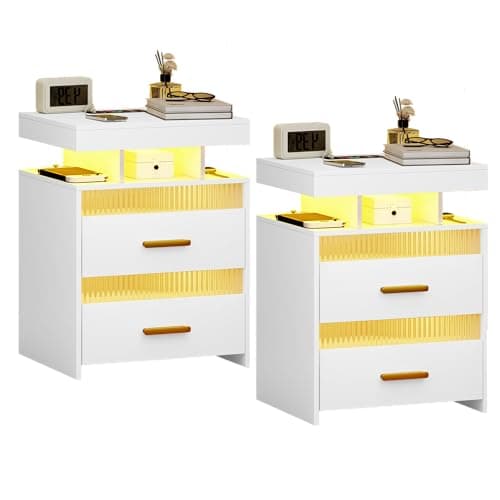 Modern Wood Nightstand with Charging and LED Lights, 2 Drawers, Black
