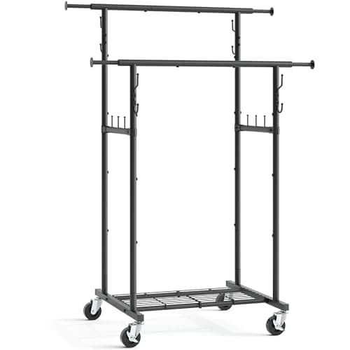 Gewudraw Heavy-Duty Rolling Clothes Rack with Wheels and Shelves - 64.2 inch Black Metal Garment Rack