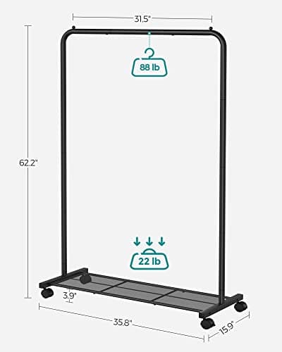SONGMICS 25.4 mm Metal Coated Clothes Rack with Dense Mesh Shelf, 110 lb Capacity, 2 Brakes, Black
