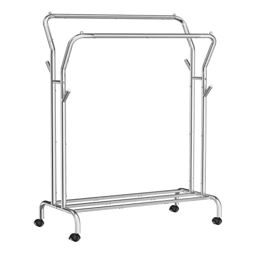SONGMICS Double-Rod Clothing Rack with Wheels, 220 lb Max Load, Silver UHSR107E01